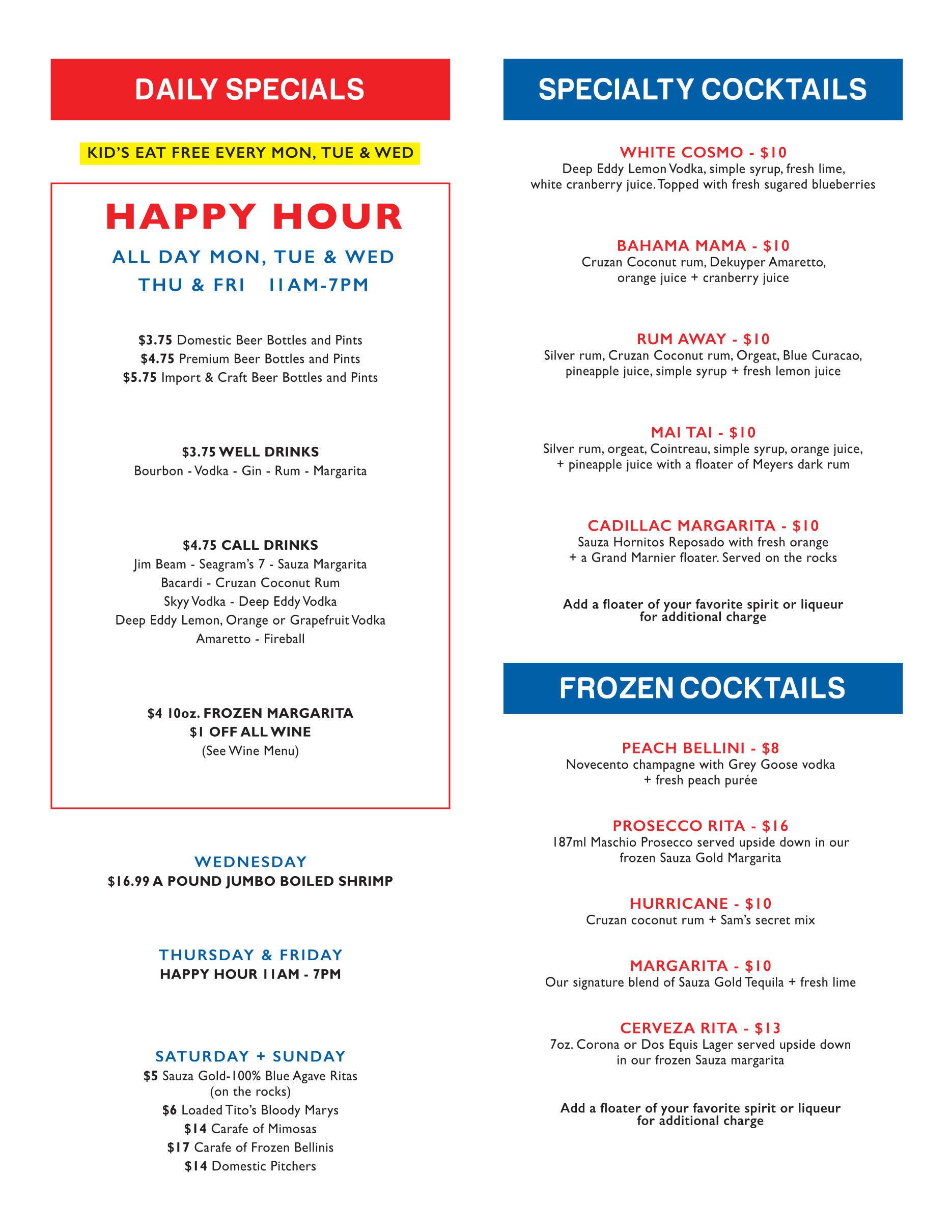 Sam's on sale boat menu